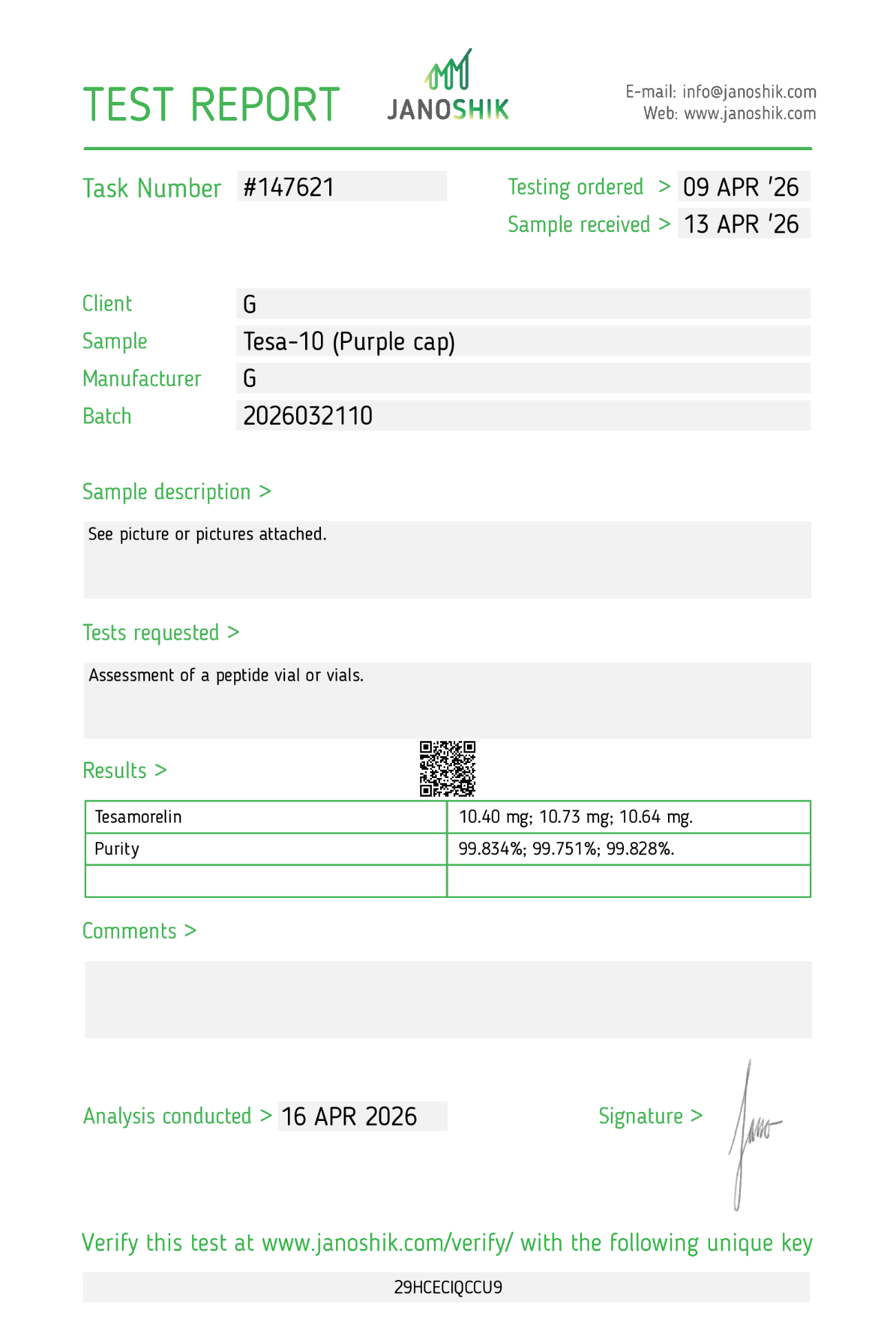 Certificate of Analysis — Tesamorelin — 99.8% Purity